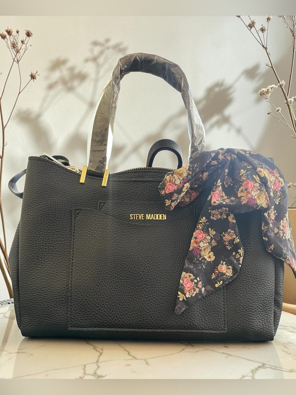 Steve Madden Black Satchel with Floral Scarf Accent